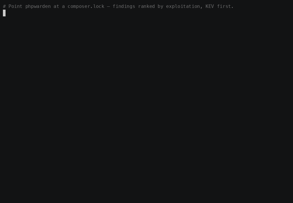 phpwarden deps scanning a composer.lock, ranking findings by exploitation with the phpmailer RCE (KEV, EPSS 100%) first