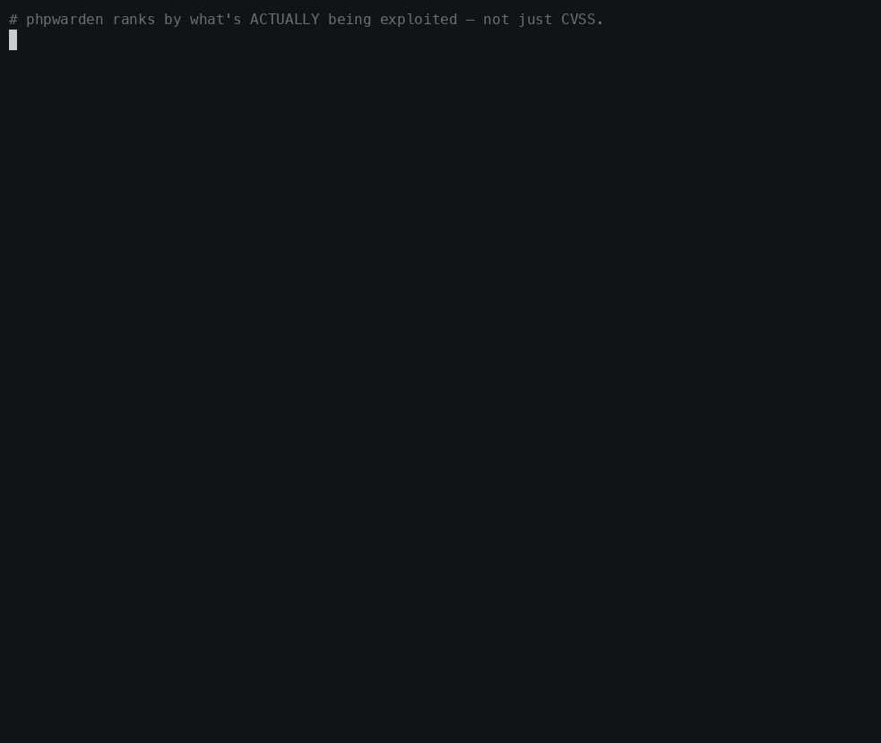 phpwarden scan: a vulnerable PHP version shows EXPOSED php2shell CVEs ranked by KEV/EPSS, then a patched version shows them cleared